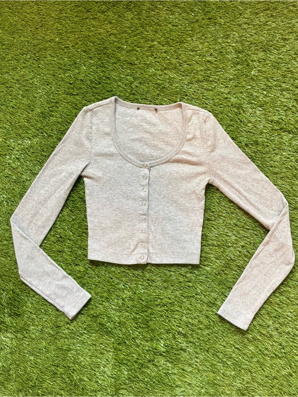 Brandy Melville Grey Ribbed Long Sleeve Button Front Top